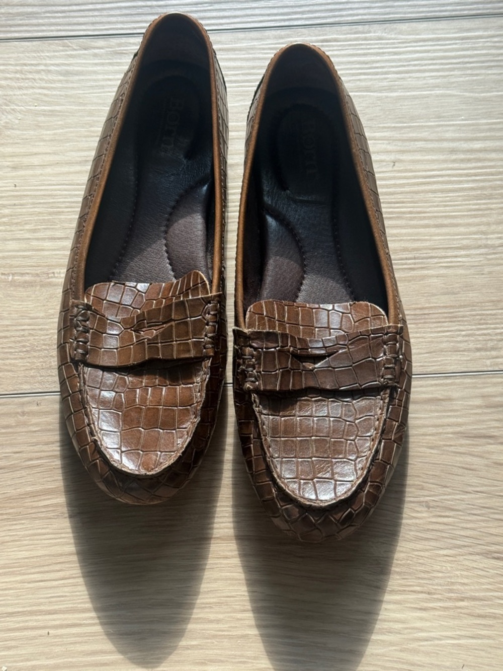 Born Brown Croc-Embossed Leather Loafers